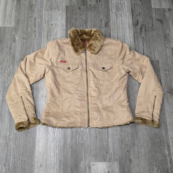 Guess Tan Full Zip Up Jacket Inside & Collar Lined Brown Faux Fur Juniors Winter - Picture 9 of 9